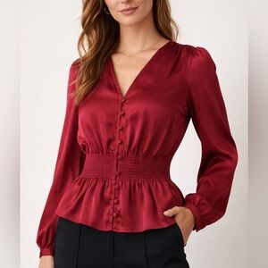 Banana Republic Satin Peplum Blouse Smocked Waist V-Neck Long Sleeve Wine Red S